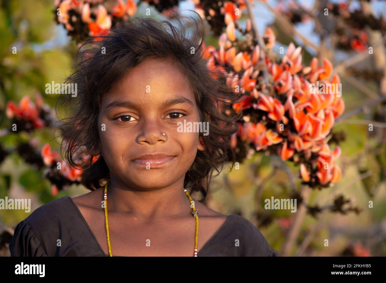 TIKAMGARH, MADHYA PRADESH, INDIA - APRIL 22, 2021: Portrait of indian village girl. Stock Photo