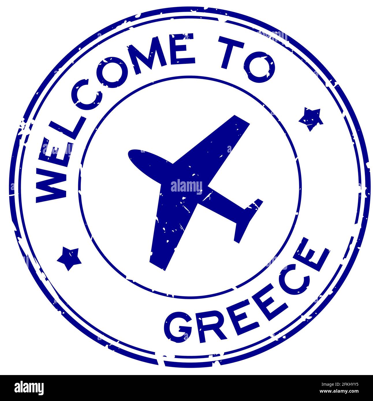 Grunge blue to Greece word with airplane icon round rubber seal