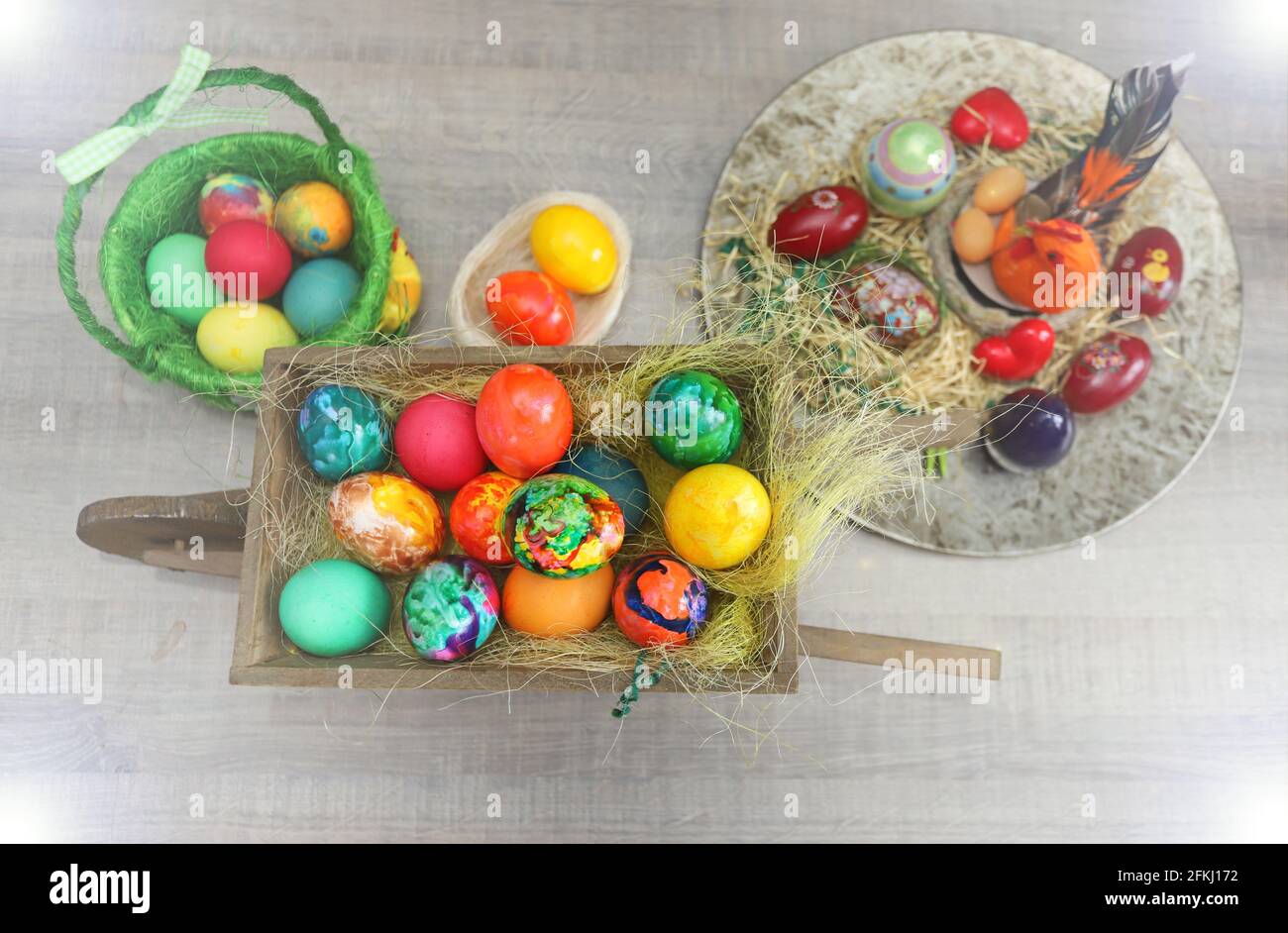 High angle view of colorful and dye Easter eggs in decoration, horizontal Stock Photo