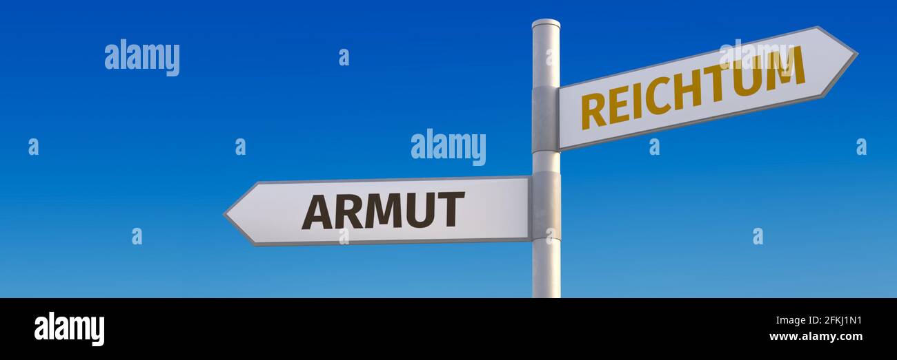 Poverty vs. Wealth concept in German ('Armut' and 'Reichtum'). Two street signs pointing into opposite directions. Web banner format Stock Photo