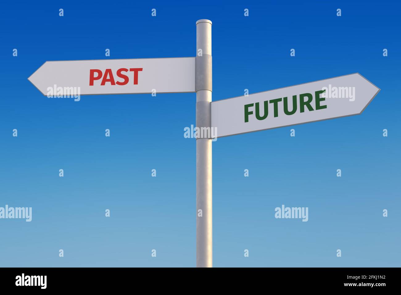 Past vs. future concept. Two street signs pointing into opposite directions. Looking forward or looking backwards Stock Photo