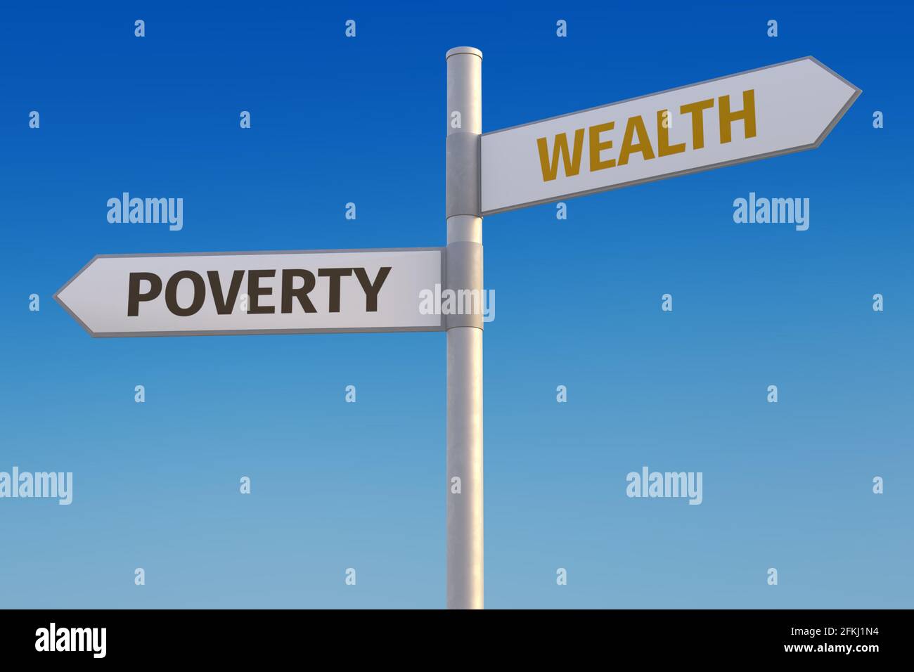 Poverty vs. Wealth concept. Two street signs pointing into opposite directions with the words poverty and wealth. Stock Photo