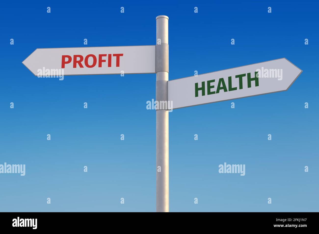 Profit before health concept. Two street signs pointing into opposite directions. Stock Photo