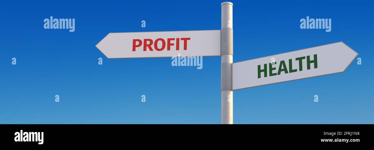 Profit before health concept. Two street signs pointing into opposite directions. Web banner format. Stock Photo