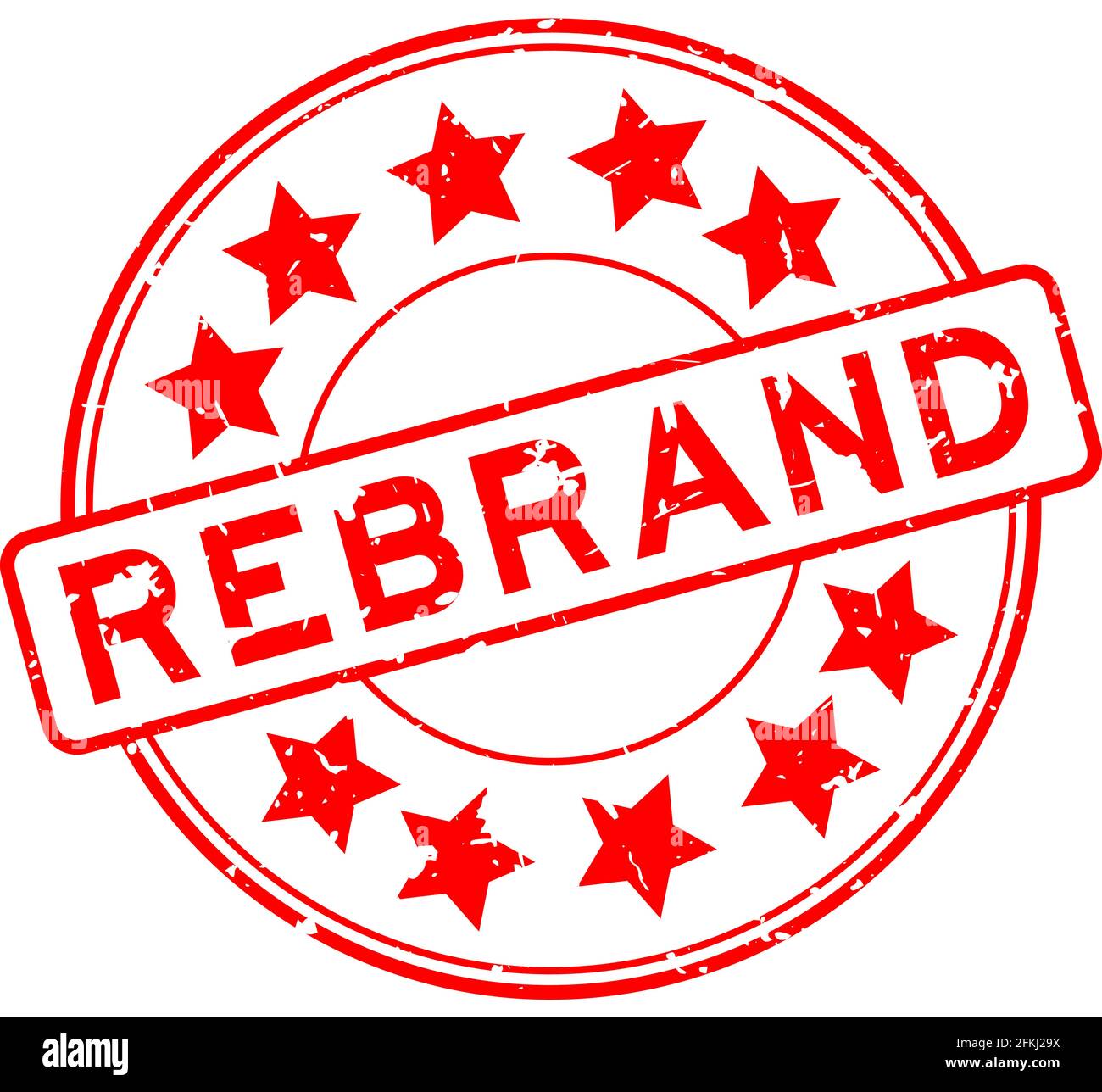 Grunge red rebrand word with star icon round rubber seal stamp on white ...