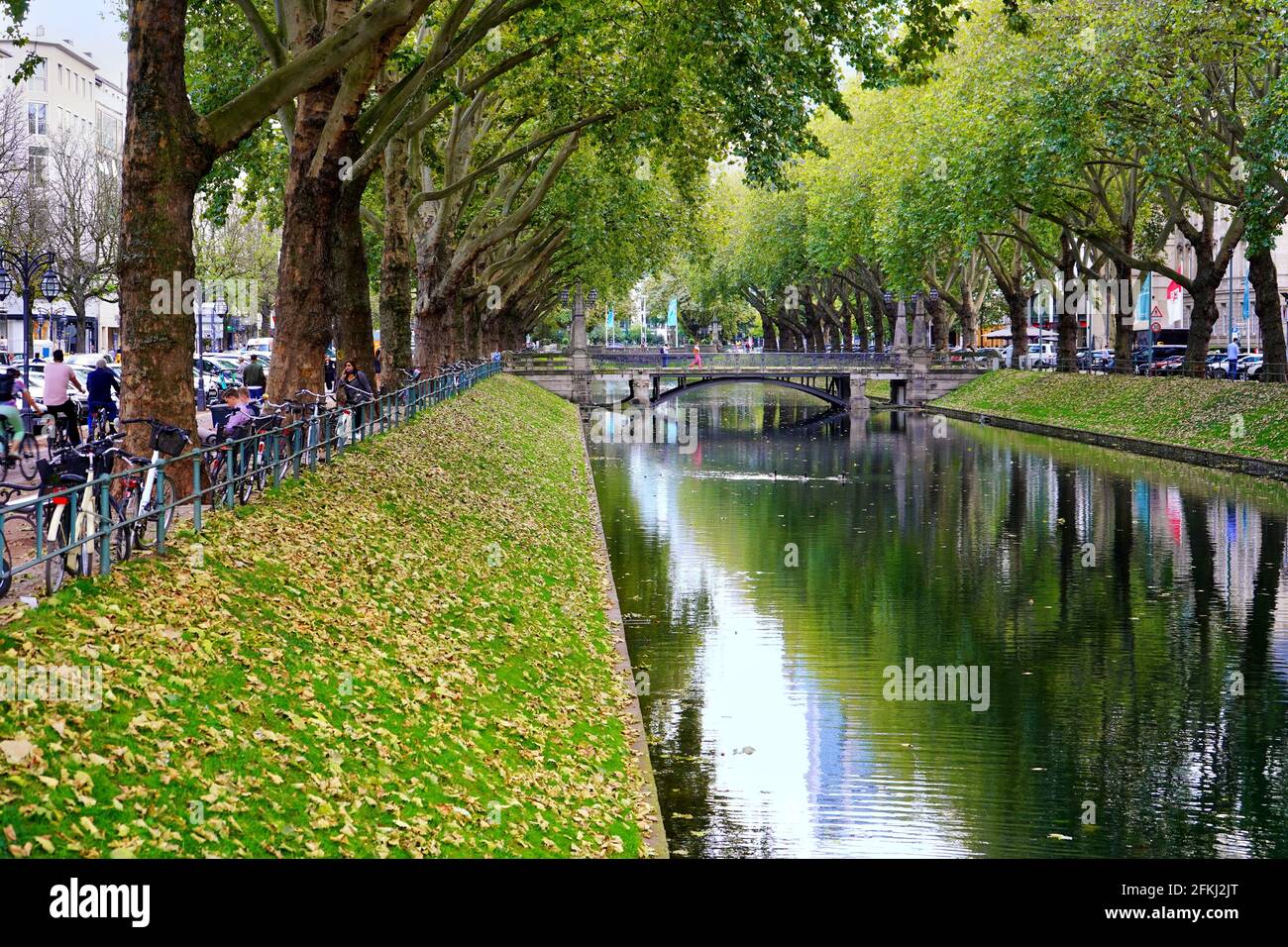 The beautiful green city canal 'Kö-Graben' on Königsallee in Düsseldorf - a piece of green nature in the heart of the city. Stock Photo