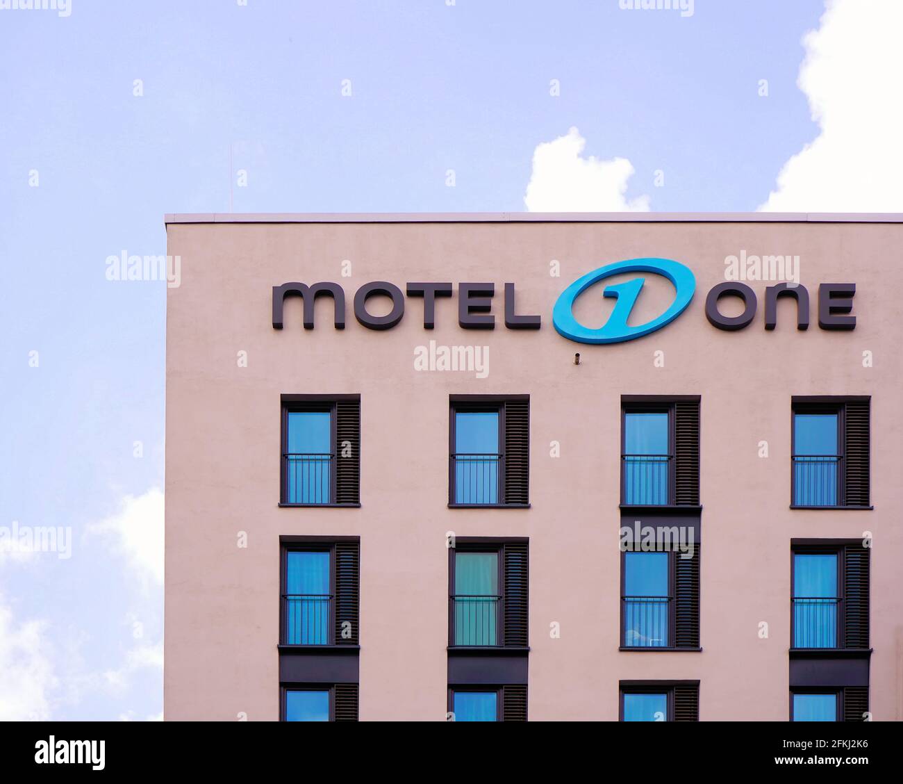 Exterior of the Motel One building near Düsseldorf Main Station. This design budget hotel opened up in 2013. Motel One is a popular German hotel chain. Stock Photo