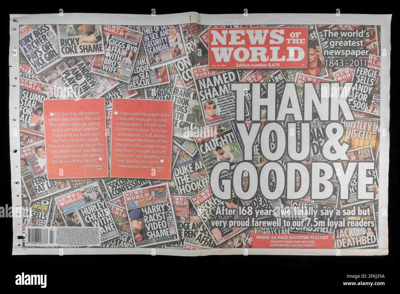 Double page front page "Thank You & Goodbye" on the final publication  of the News of the World newspaper on 10th July 2011. Stock Photo