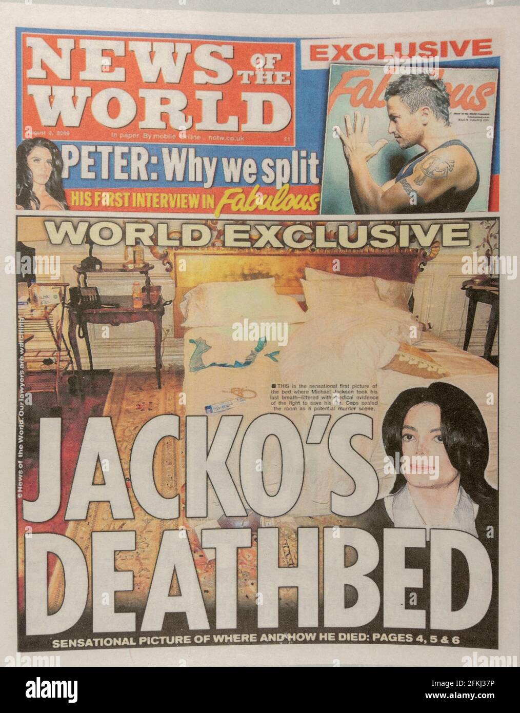 'Jacko's deathbed' headline following the death of Michael Jackson on the front page of the News of the World newspaper (replica) on 2nd August 2009. Stock Photo