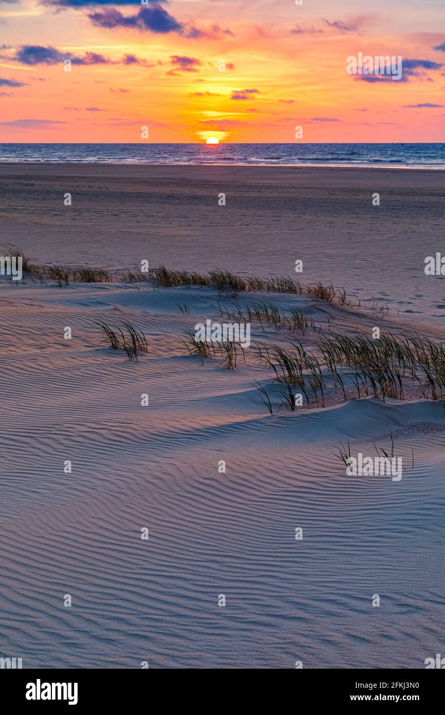 Sunset on the Dutch Wadden island Vlieland, in the northern part of the Netherlands. Stock Photo