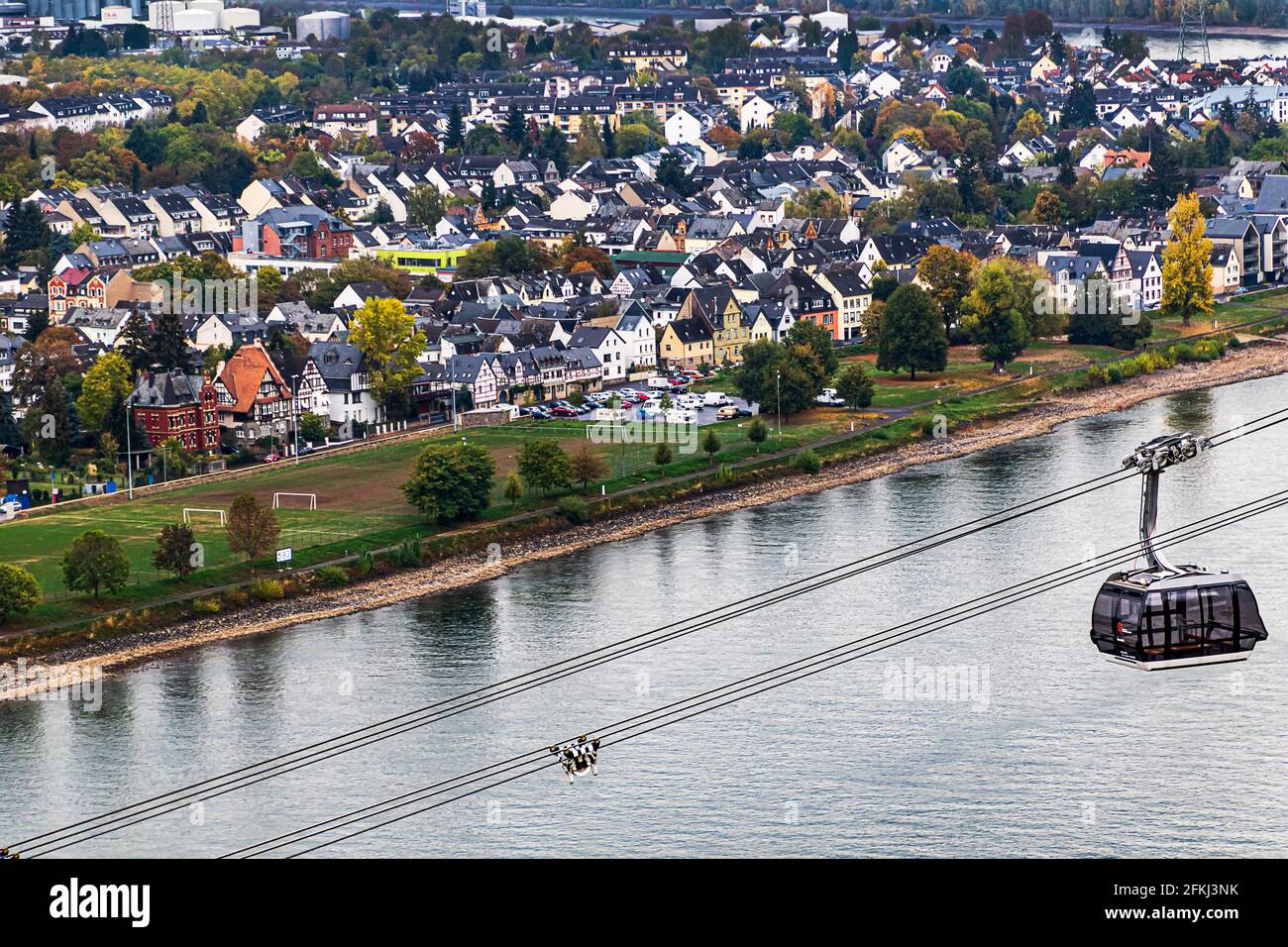 Panoramic view of Koblenz and Cable car across Rheine River, Deutsches Eck, Fortress Ehrenbreitstein, Germany Stock Photo