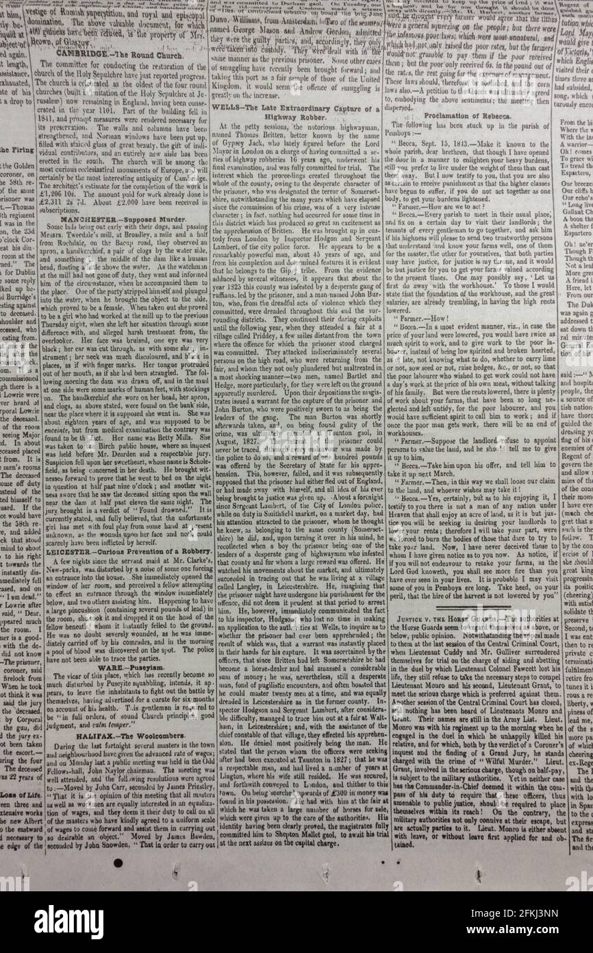 News articles from around England (Cambridge, Wells etc) The News Of The World newspaper (replica of first ever publication), Sunday 1st October 1843. Stock Photo