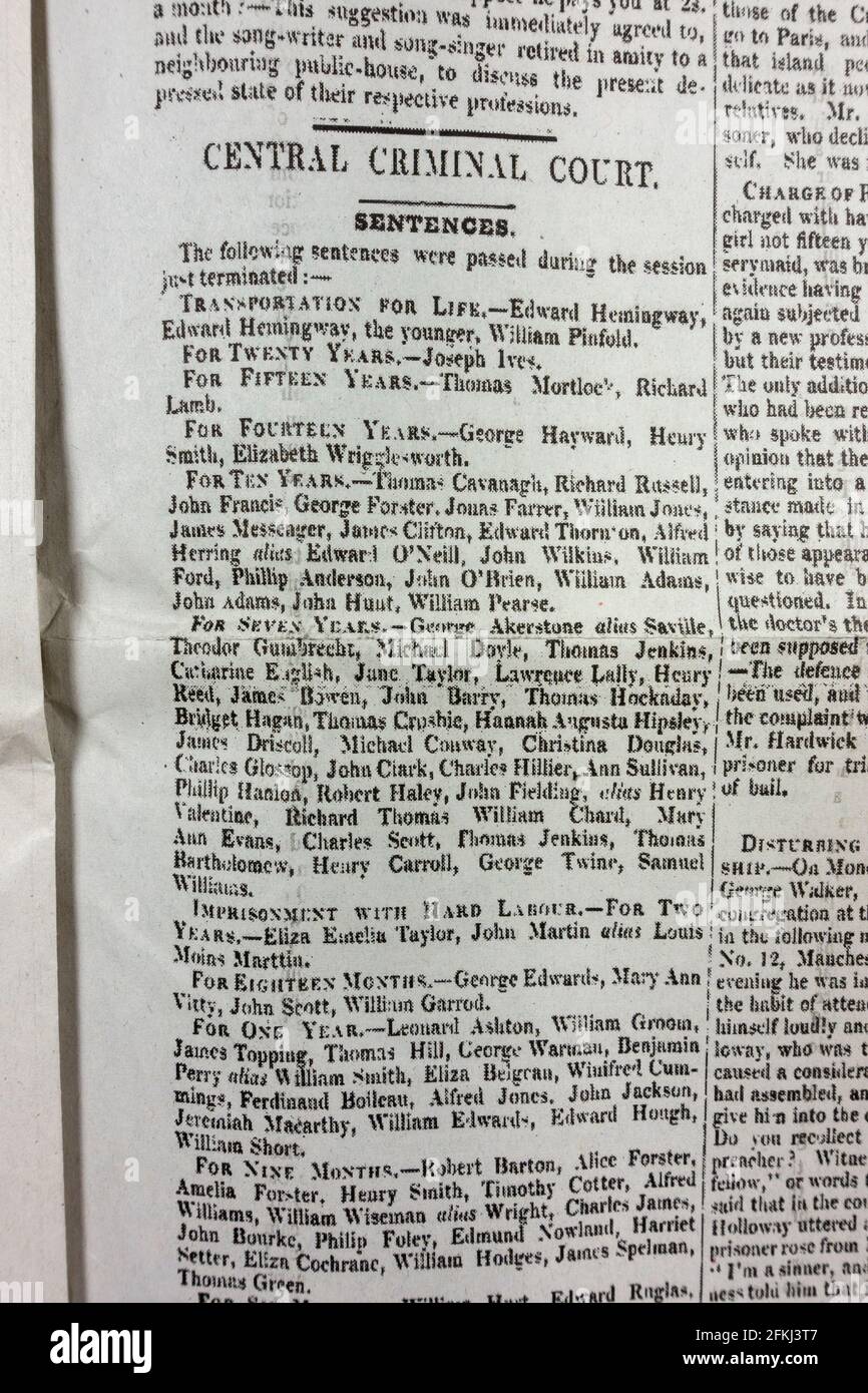 Central Criminal Court sentences listing inside The News Of The World newspaper (replica of first ever publication) on Sunday 1st October 1843. Stock Photo