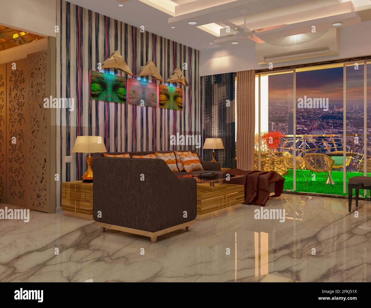 3D rendered contemporary style living room with TV unit and white