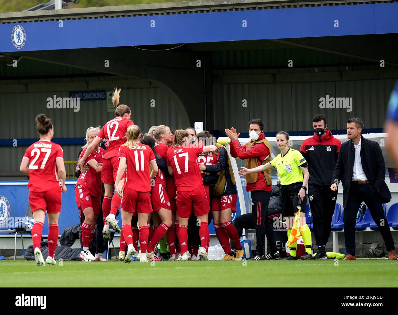 Bayern Munich players celebrate after team-mate Sarah Zadrazil scores their  side's first goal of the game during the UEFA Women's Champions League semi  final, second leg match at Kingsmeadow, London. Issue date: