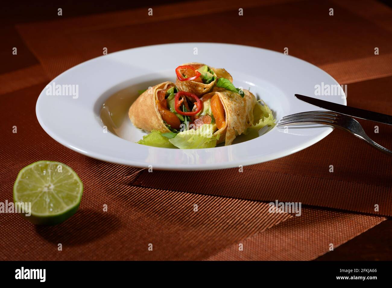 A well prepared plate in a fine dining restaurant. Stock Photo