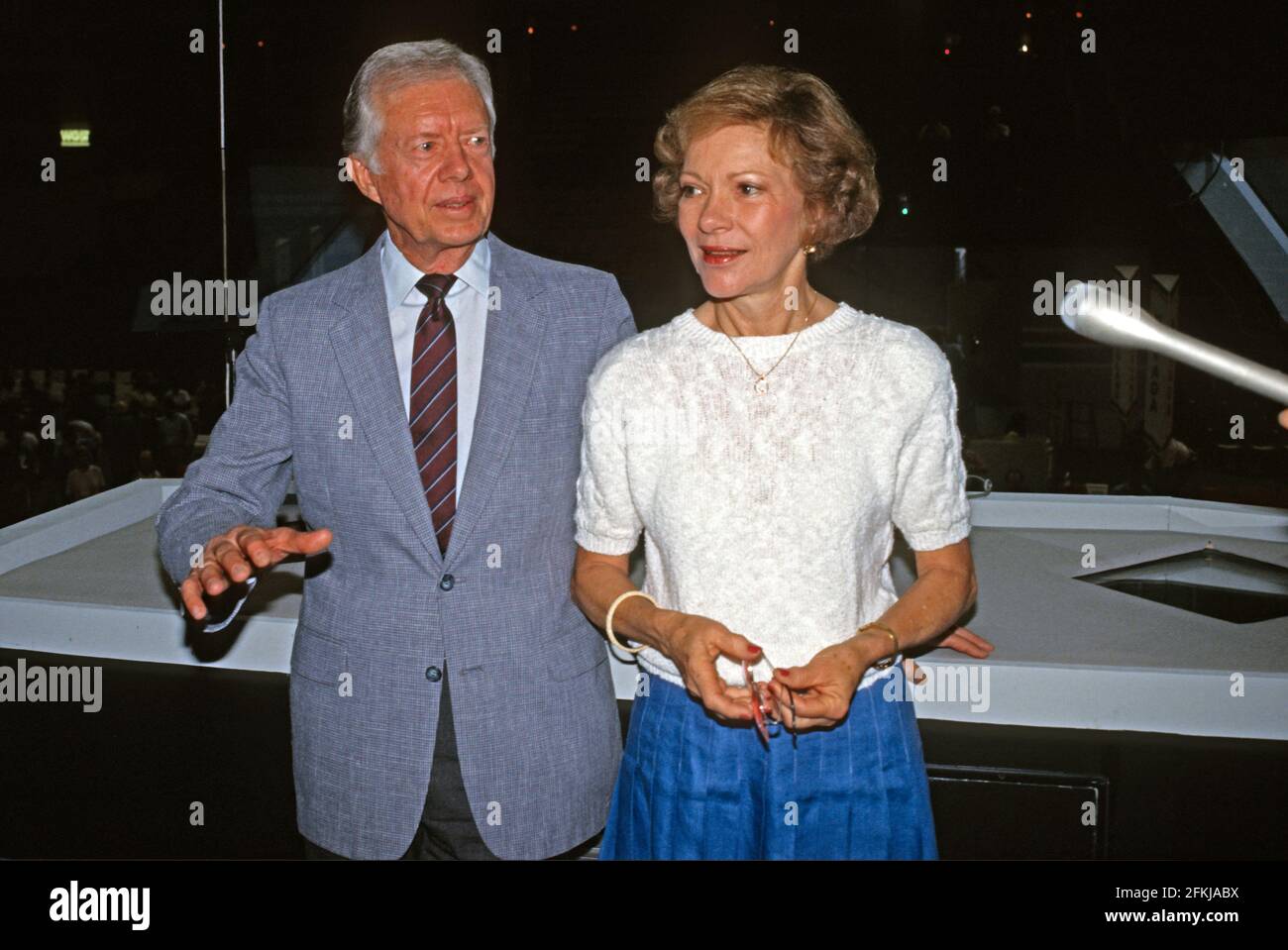 Former United States President Jimmy Carter, left, and former first lady Rosalynn Carter, right, visit the Omni Coliseum in Atlanta, Georgia, the site of the 1988 Democratic National Convention, prior to the President delivering remarks on July 18, 1988.Credit: Arnie Sachs/CNP/Sipa USA Credit: Sipa USA/Alamy Live News Stock Photo