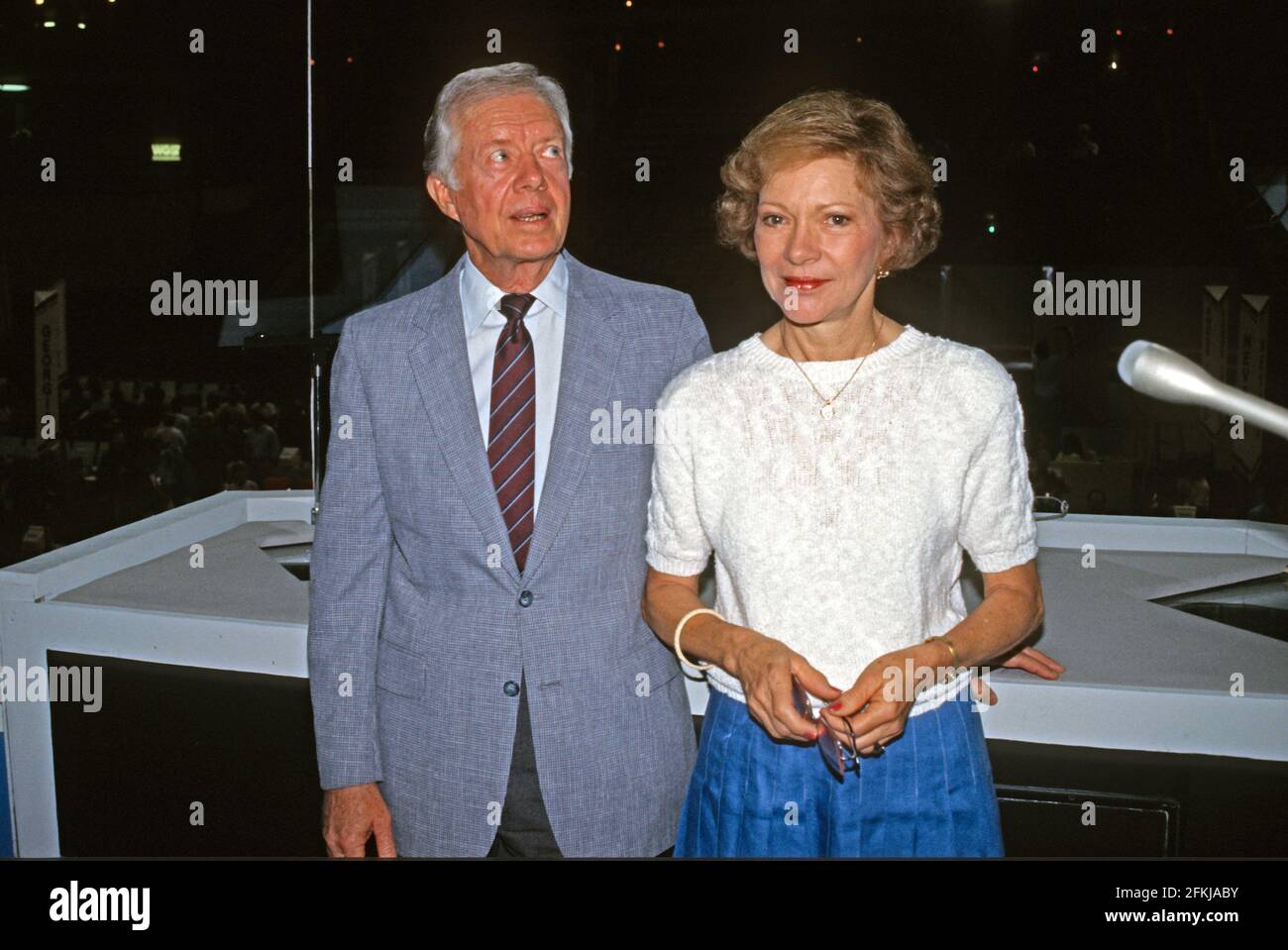 Former United States President Jimmy Carter, left, and former first lady Rosalynn Carter, right, visit the Omni Coliseum in Atlanta, Georgia, the site of the 1988 Democratic National Convention, prior to the President delivering remarks on July 18, 1988.Credit: Arnie Sachs/CNP/Sipa USA Credit: Sipa USA/Alamy Live News Stock Photo