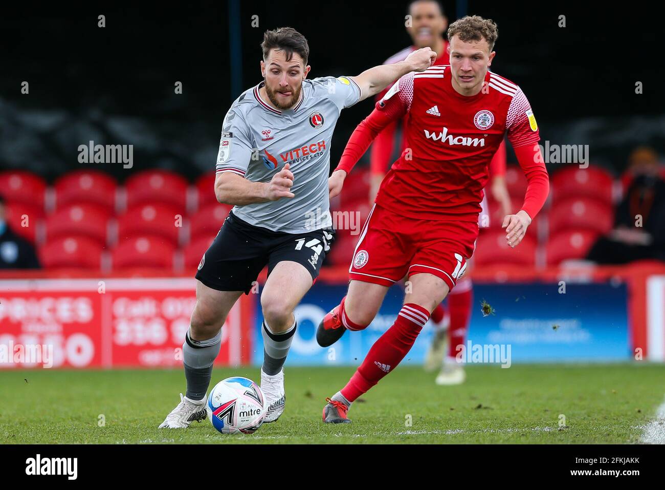 Accrington Stanley's Ben Barclay and Charlton Athletic's Conor Washington during the Sky Bet League One match at The Wham Stadium, Accrington. Issue date: Saturday May 1, 2021. Stock Photo