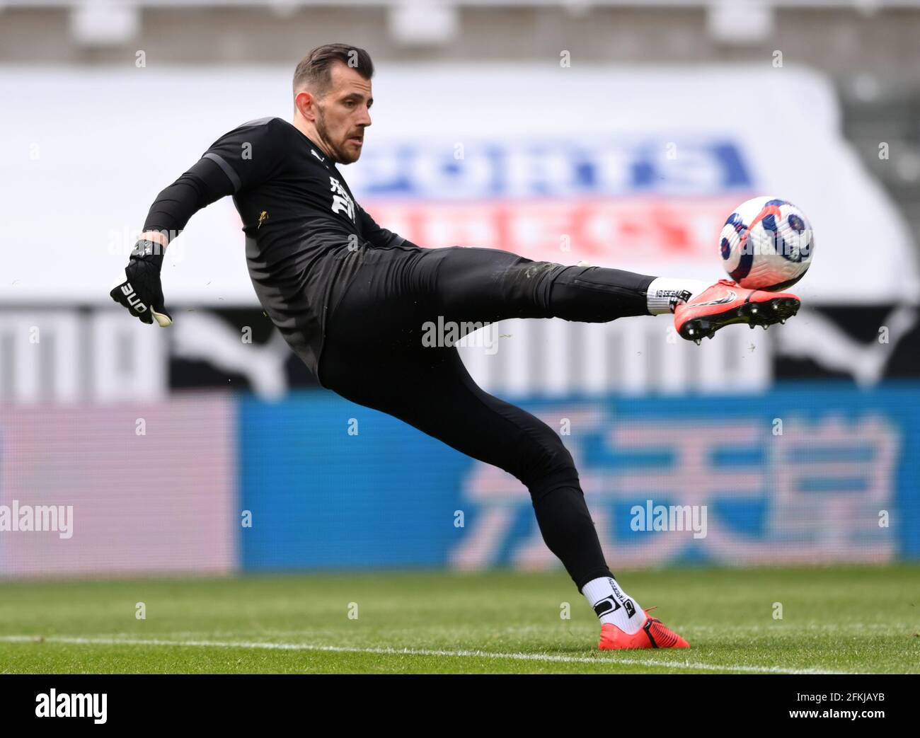 Newcastle United goalkeeper Martin Dubravka warming up before the Premier League match at St James' Park, Newcastle upon Tyne. Issue date: Sunday May 2, 2021. Stock Photo