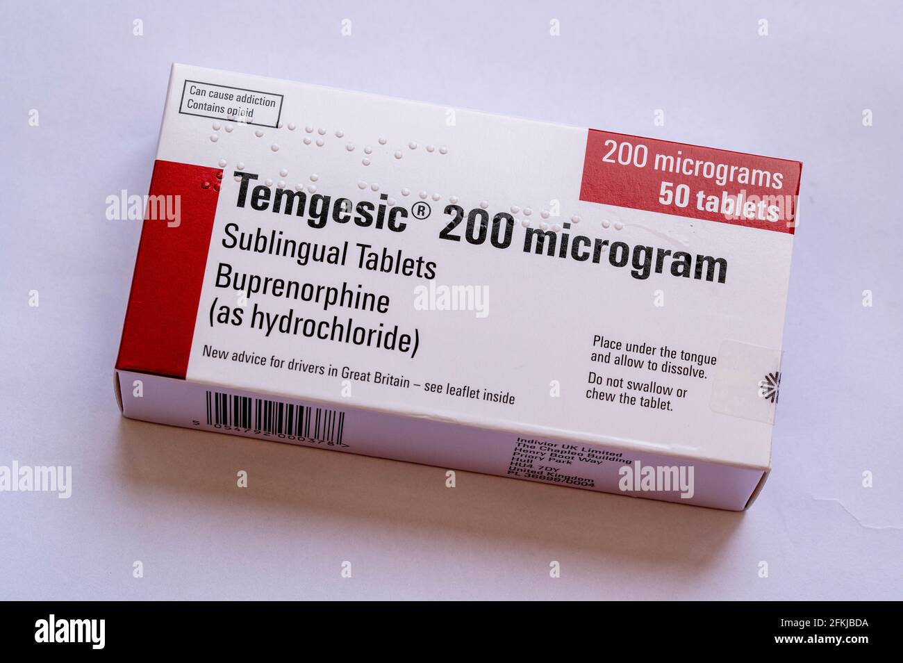 An image of a Box of Temgesic 200 micrograms sub lingual tablets for the treatment of acute and chronic pain relief Stock Photo