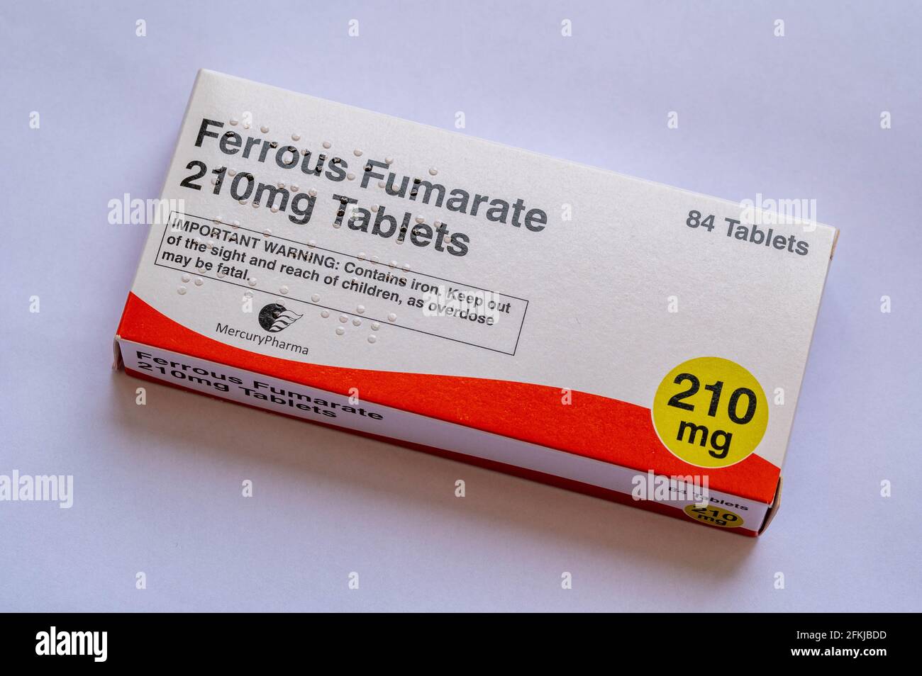 Box of Ferrous Fumarate 210micrograms tablets to treatand prevent iron deficiency anaemia. Stock Photo