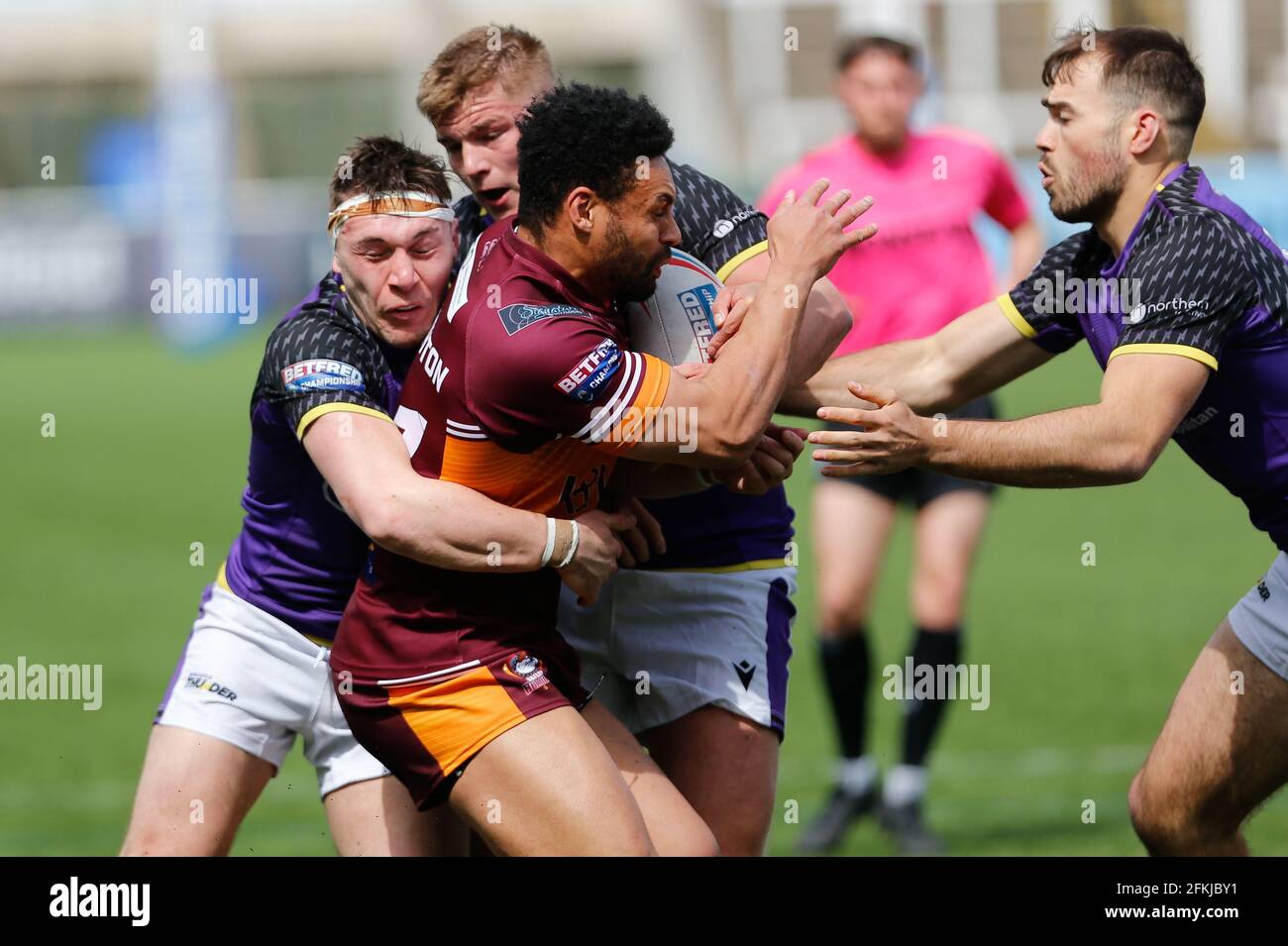 Newcastle, UK. 20th Mar, 2021. NEWCASTLE UPON TYNE, UK. MAY 2ND. Jodie Broughton of Batley Bulldogs is tackled by Evan Simons during the BETFRED Championship match between Newcastle Thunder and Batley Bulldogs at Kingston Park, Newcastle on Sunday 2nd May 2021. (Credit: Chris Lishman | MI News) Credit: MI News & Sport /Alamy Live News Stock Photo