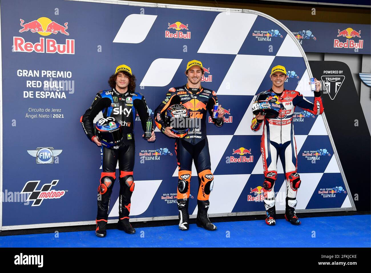 Spain May 1, 2021, Qualifying MotoGP Grand Prix Red of at Jerez circuit, Spain May 1, 2021 In picture: Moto2™ front row L-R: Gardner, Lowes and Vierge Clasificacion