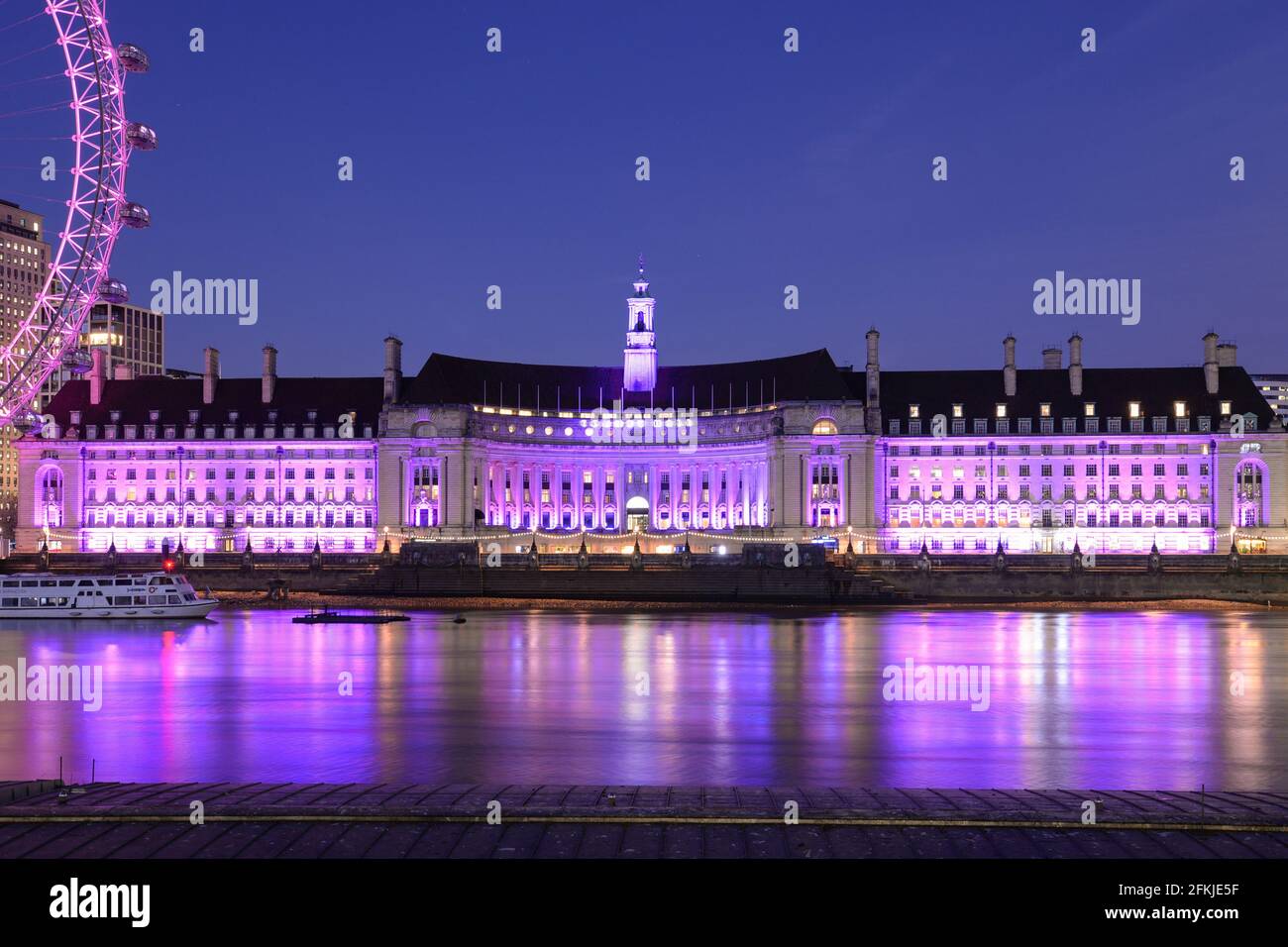 Colourful Lights Illuminated River County Hall London Stock Photo