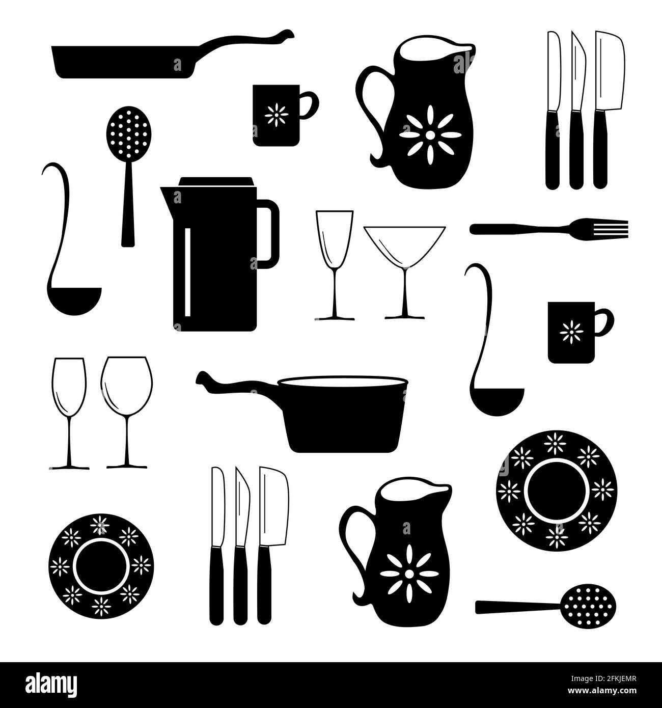 Silhouettes Of Kitchen Accessories Vector Illustration Set Of Black Kitchen Tools Isolated Stock Vector Image Art Alamy