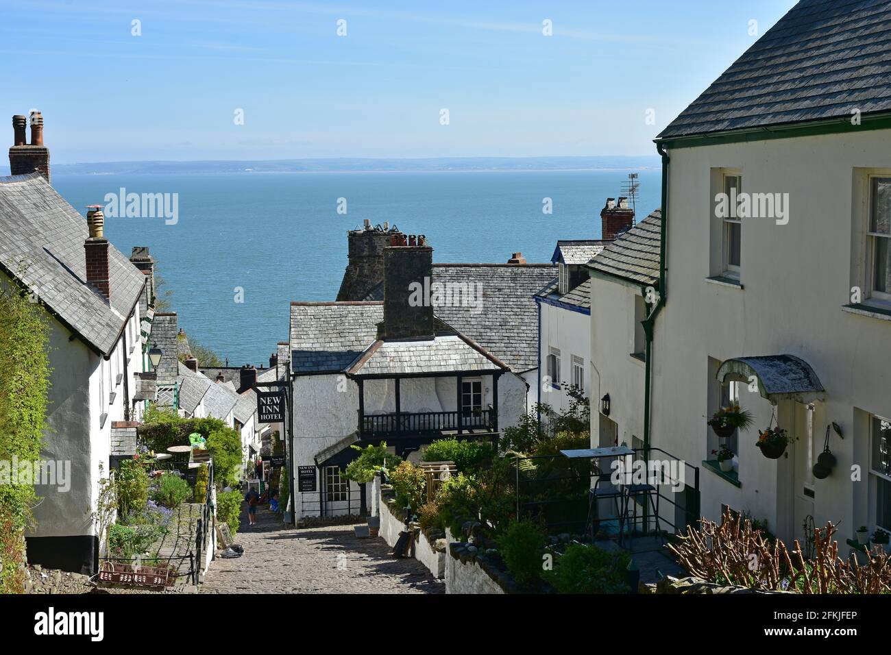 Houses on main street in Clovelly, North Devon, in Spring sunshine