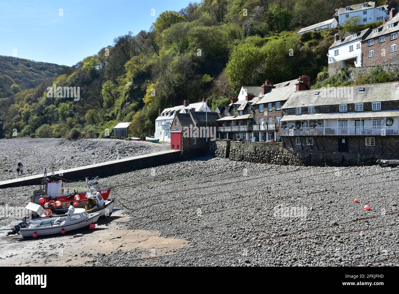 Sea front and houses, Clovelly, North Devon in Spring sunshine Stock