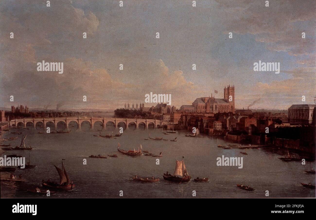 THE THAMES LOOKING TOWARDS WESTMINSTEROIL ON CANVAS PAINTING BY ANTHONY JOLI circa 1700-1777 Stock Photo