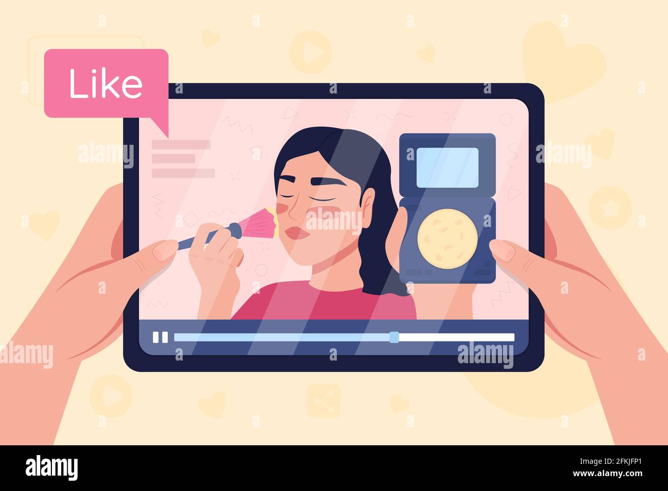 Hands hold tablet with video on make up tutorial flat color vector illustration Stock Vector