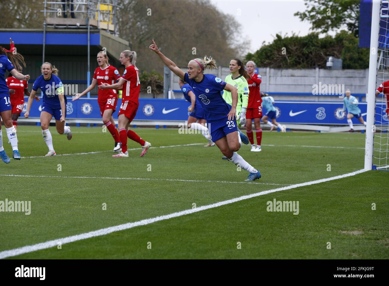 Kingston Upon Thames, UK. 02nd May, 2021. KINGSTON UPON THAMES, United Kingdom, MAY 02: Chelsea Ladies Pernille Harder celebrates her goalduring Women's Champions League Semi-Final 2nd Leg between Chelsea Women and FC Bayern MŸnchen Ladies at Kingsmeadow, Kingston upon Thames on 02nd May, 2021 Credit: Action Foto Sport/Alamy Live News Stock Photo