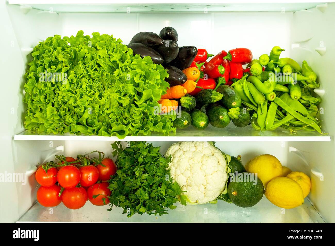 Stacked fridge full of fresh organic fruits and vegetables: orange, lemon, eggplant, carrot, parsley, pepper, cucumber, cauliflower, tomato, lettuce, Stock Photo