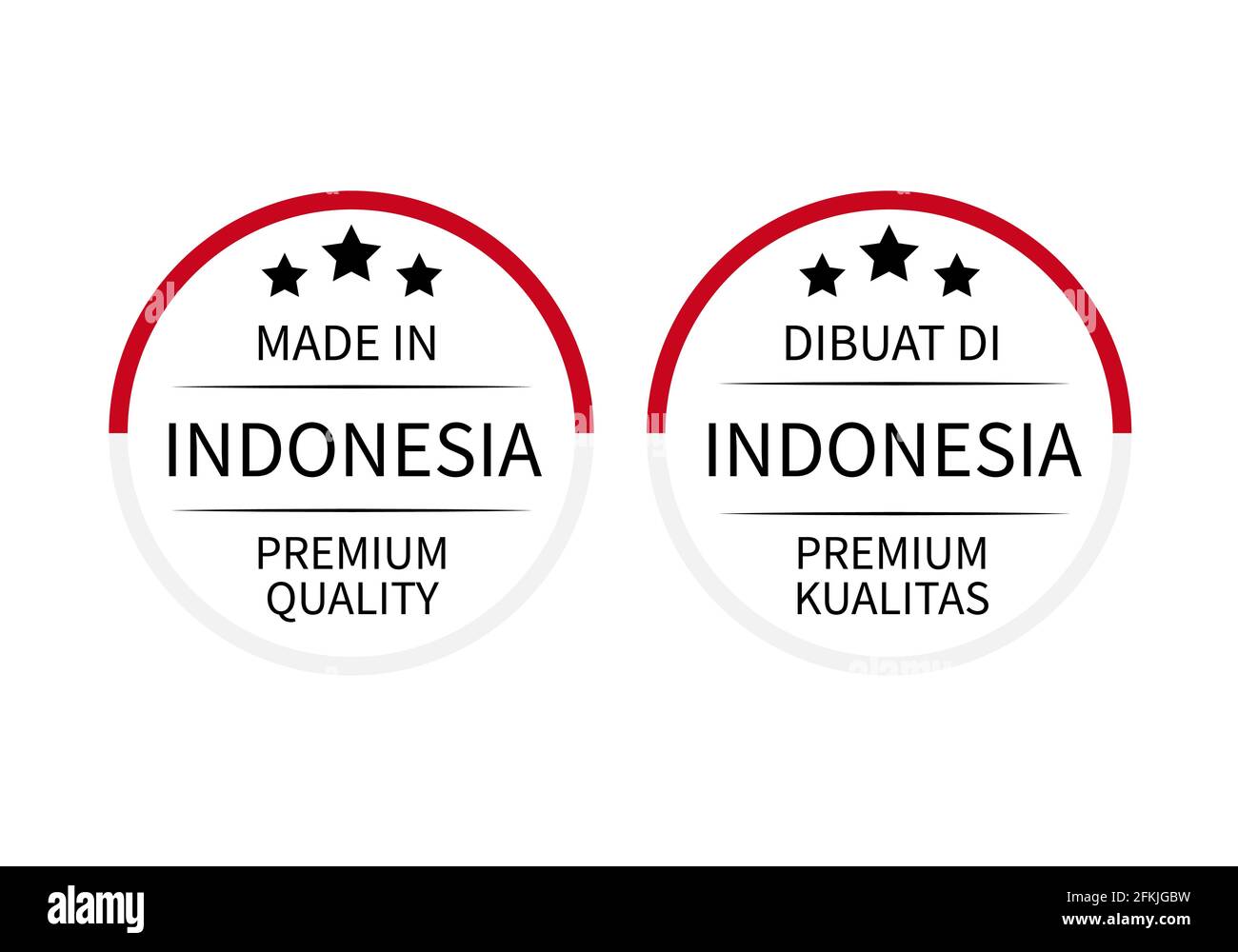 Made in Indonesia labels in English and in Indonesian languages . Quality mark vector icon. Perfect for logo design, tags, badges, stickers, emblem, p Stock Vector