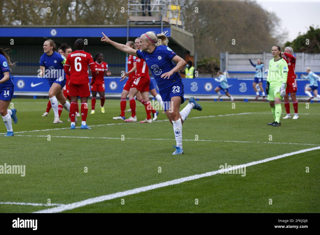 Kingston Upon Thames, UK. 02nd May, 2021. KINGSTON UPON THAMES, United Kingdom, MAY 02: Chelsea Ladies Pernille Harder celebrates her goalduring Women's Champions League Semi-Final 2nd Leg between Chelsea Women and FC Bayern MŸnchen Ladies at Kingsmeadow, Kingston upon Thames on 02nd May, 2021 Credit: Action Foto Sport/Alamy Live News Stock Photo