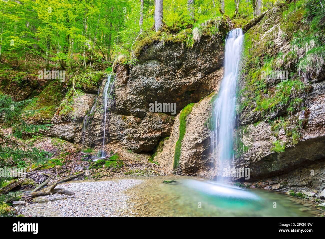 Little waterfall with rocks and green forest near Gunzesried. Allgäu, Bavaria, Germany Stock Photo