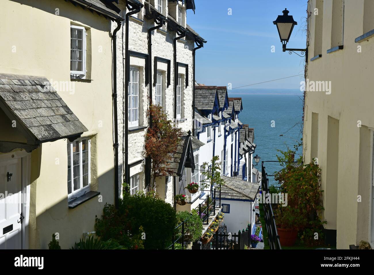 Houses on main street in Clovelly, North Devon, in Spring sunshine