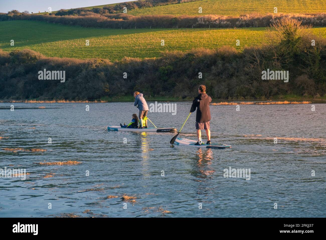 A family of holidaymakers having fun paddling their Stand Up Paddleboards at high tide on the Gannel River in Newquay in Cornwall. Stock Photo