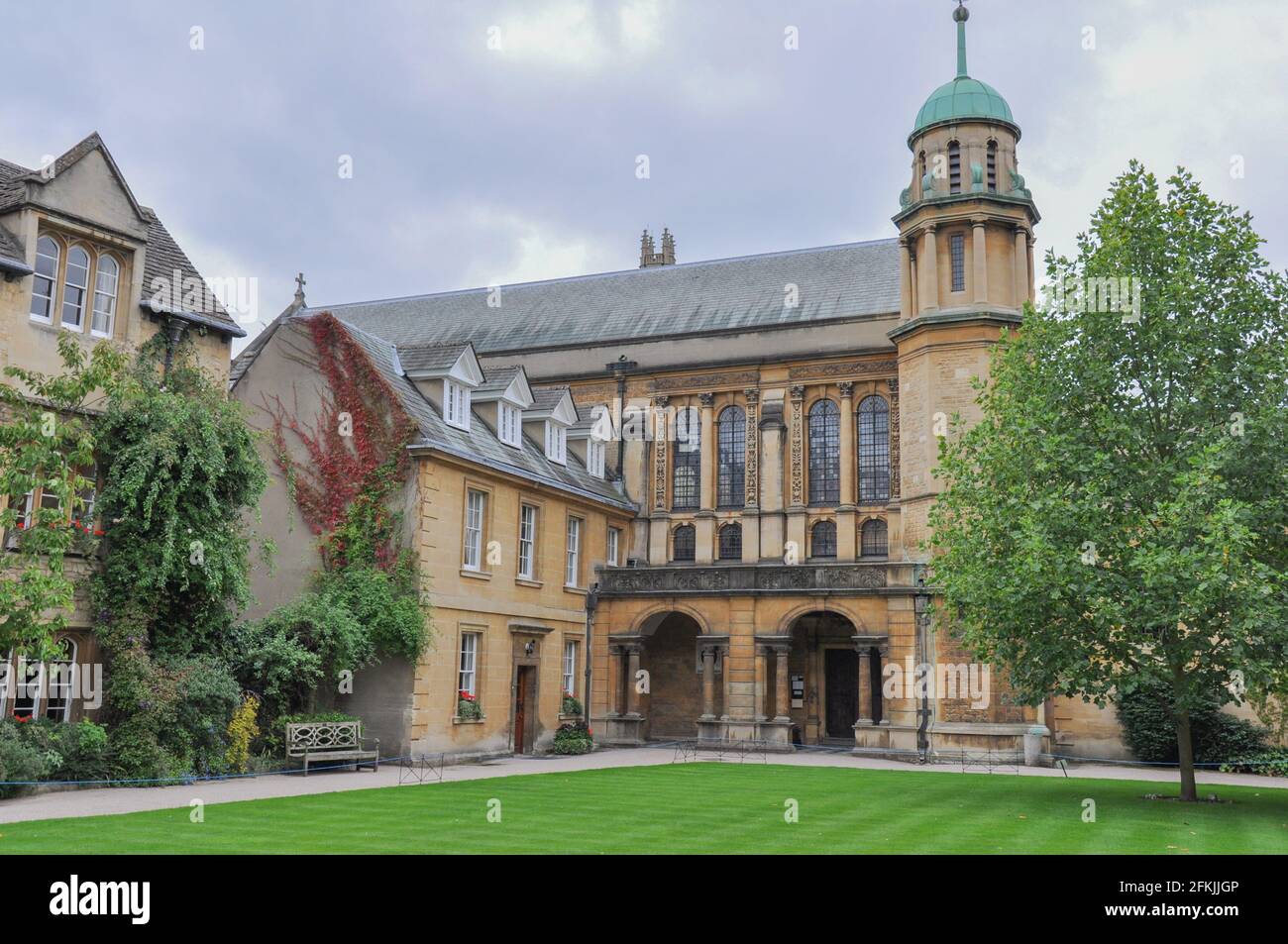 View of T. G. Jackson chapel from Hertford College Old Quad, Oxford, United Kingdom. Overcast Sky. Stock Photo