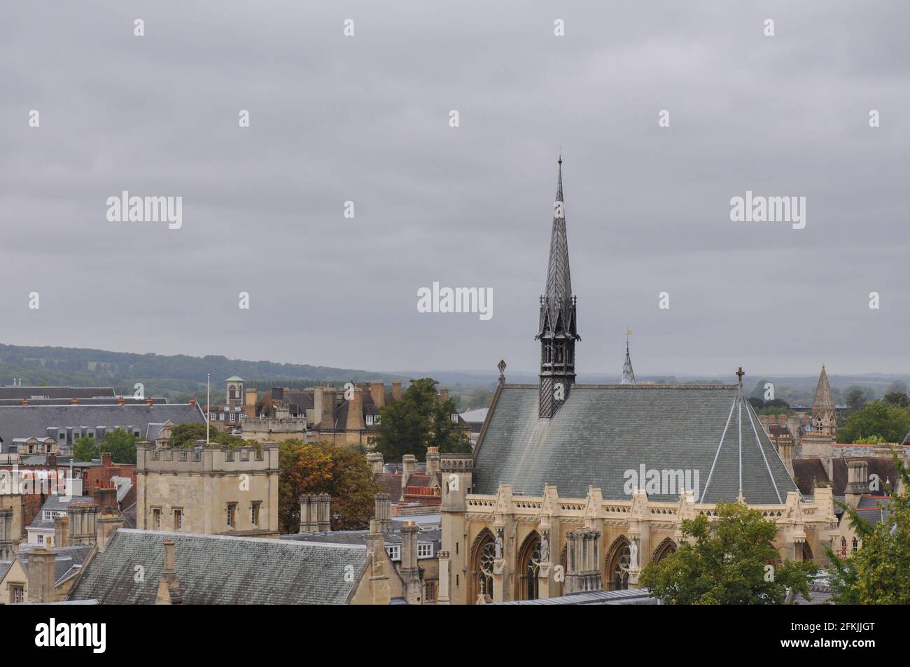 Rooftop view on historical university buildings towards Exeter college chapel, Oxford, United Kingdom. Overcast sky. Stock Photo