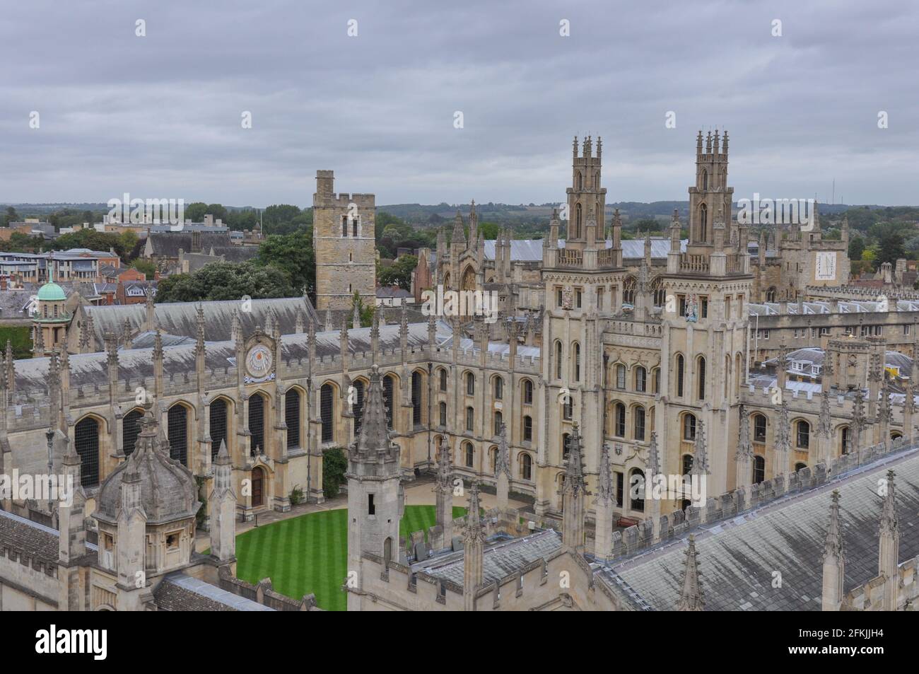 Rooftop view on historical university buildings towards All Souls College, Oxford, United Kingdom. Overcast sky. Stock Photo