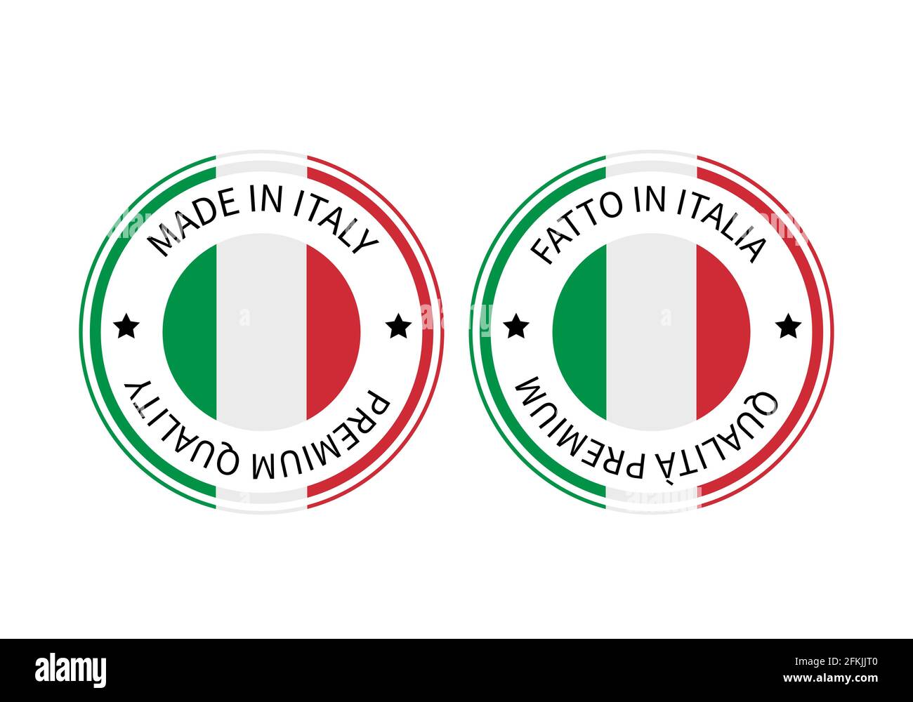 Made in Italy round labels in English and in Italian languages. Quality