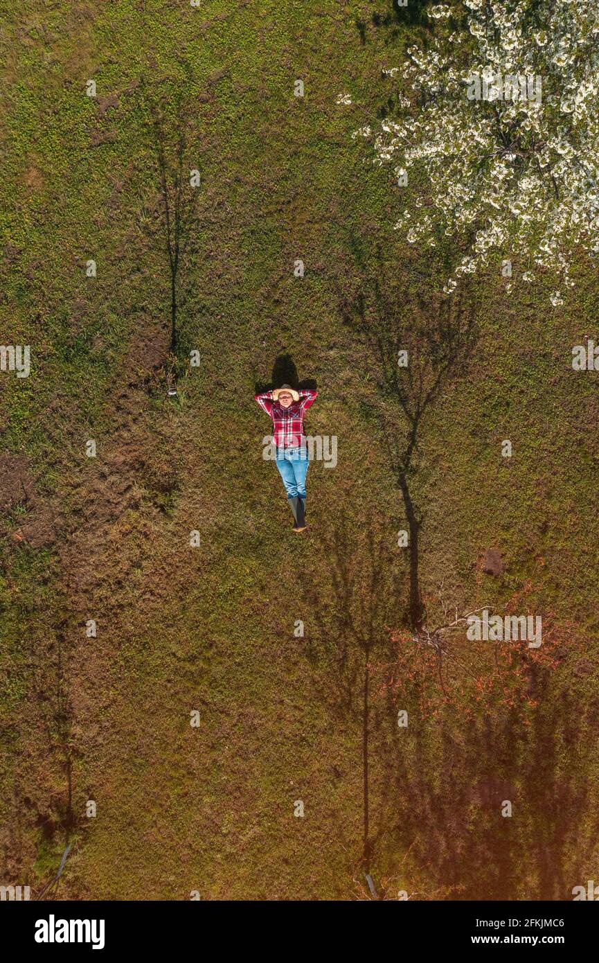 Female farmer laying down in organic cherry orchard, top down drone pov image of woman agronomist resting outdoors Stock Photo