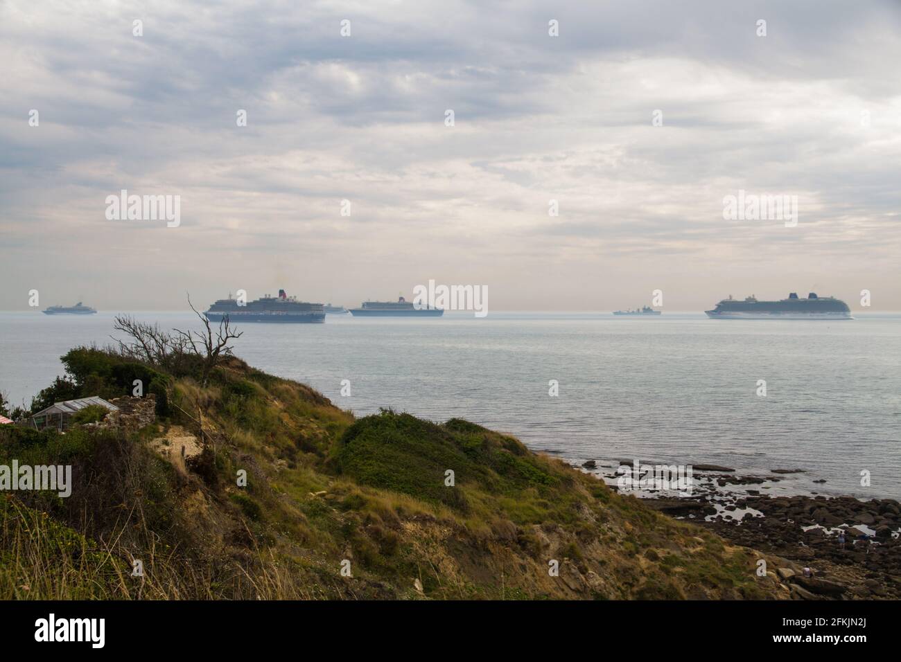 WEYMOUTH - AUGUST 16 2020: Cruise Ships, moored off Dorset, England due to Covid 19 Pandemic, landscape Stock Photo