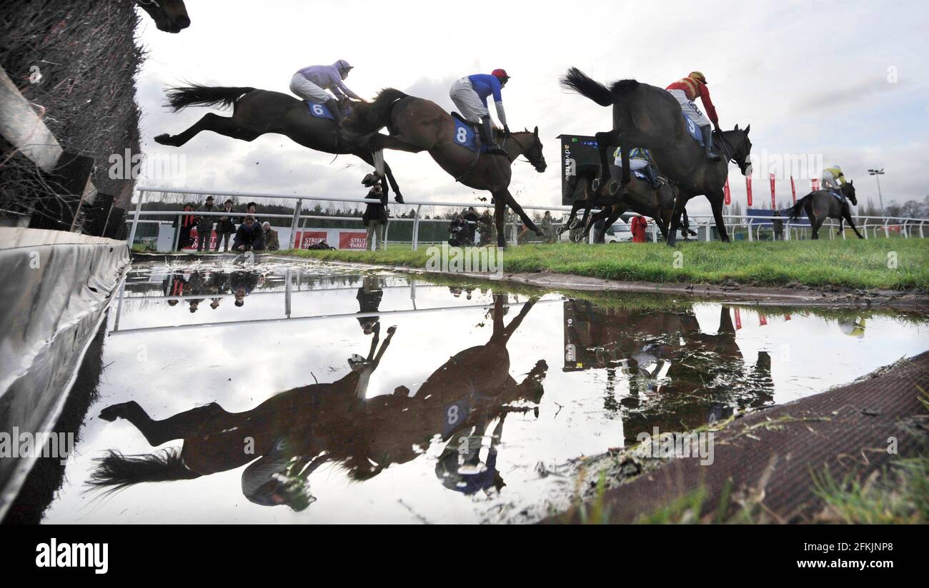 RACING AT NEWBURY. THE STRUTT & PARKER NOVICES CHASE.  28/11/2008. OVER THE WATER. THE STRUTT & PARKER NOVICES CHASE EVENTUAL WINNER BUCK THE LEGEND LEADING. PICTURE DAVID ASHDOWN Stock Photo