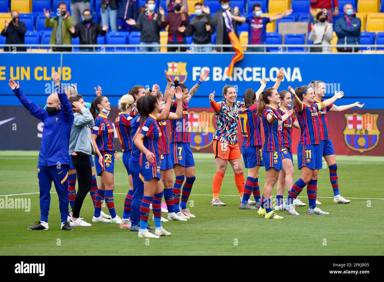 Barcelona, Spain. 2nd May, 2021. FC Barcelona players celebrate after ...