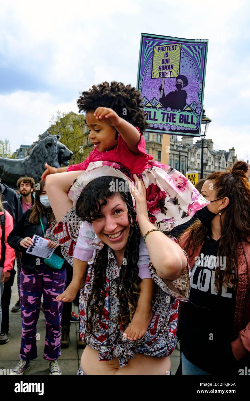 Kill the Bill May Day Protest and demonstration  London UK, 1 May 2021.  Thousands Marched through from Trafalgar Sq protesting against newly proposed police, crime, sentencing and courts bill taking away freedom of speech and assembly. Stock Photo